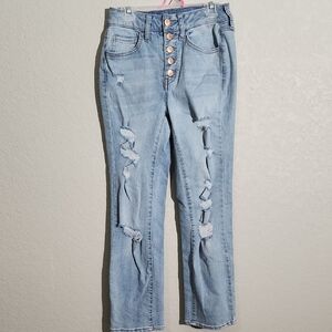 SO Jeans Size 3 Straight Distressed Holes Light Blue Button Fly High Rise